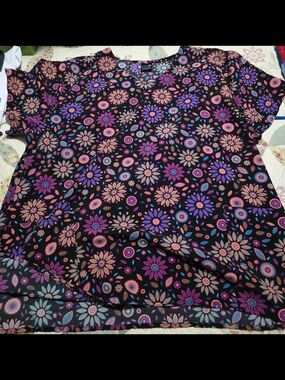 Women's Black Floral Short Sleeve Scrub Top  with Purple & Pink Blooms